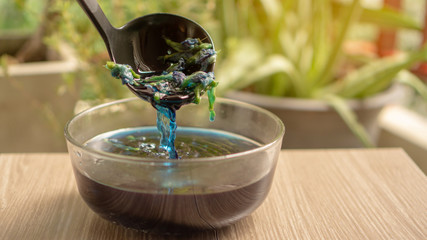 Blue Butterfly pea flower boiled in a big spoon above a glass bowl to make a juice drinking