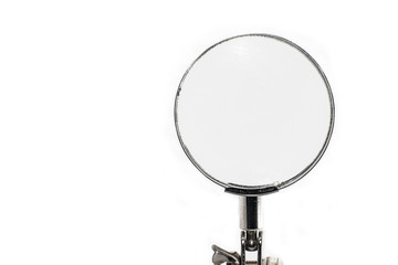 Silver magnifying glass with space for text isolated in white. Business background. Highlight text. Loupe. Search sign. © Maria Vonotna