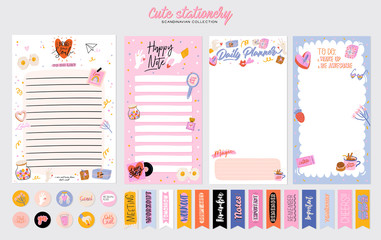 Collection of weekly or daily planner, note paper, to do list, stickers templates decorated by cute love illustrations and inspirational quote. School scheduler and organizer. Flat vector