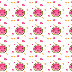 Digital illustration of a cute juicy hot pink space watermelon pattern on a white background. Print for fabrics, paper, banners, posters, coverings, textiles.