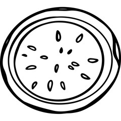 Digital illustration of a cute doodle black outline handmade watermelon round pitted slice. Print for paper, fabrics, textiles, banners, posters, web design, stamps.
