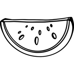 Digital illustration of a cute doodle black outline handmade watermelon semicircular slice with bones. Print for paper, fabrics, textiles, banners, posters, web design, stamps.