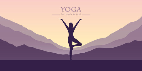 Fototapeta premium girl makes yoga mountain view purple landscape vector illustration EPS10