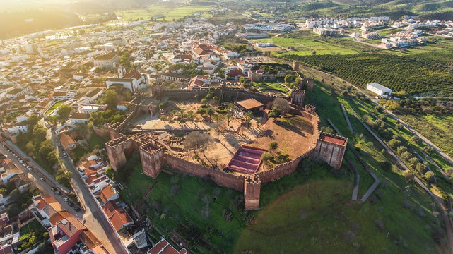 Silves village at the medieval fair, aerial view of the historic castle. Portugal Algarve