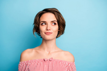 Closeup photo of funny lady dreamer look side empty space remind last romantic date boyfriend...