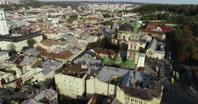 Aerial Viev. Old City Lviv, Ukraine. Town Hall, Ratush