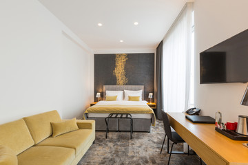 Interior of a double bed hotel bedroom