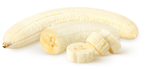 Isolated bananas. Whole peeled banana fruit, half and slices isolated on white background with clipping path