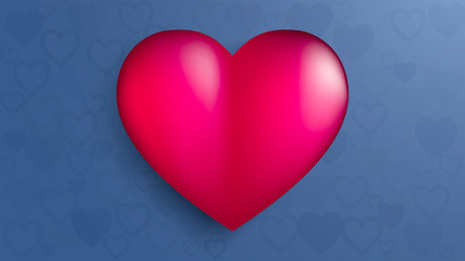 3D red valentine heart raster illustration with volume in blue backgrounds with heart shapes