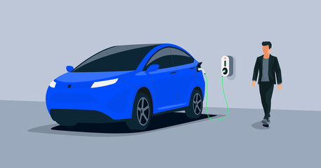 Electric car charging in underground garage home plugged charger station. Vector illustration battery EV vehicle standing parking connected to wallbox. Vehicle being charged with power supply socket. 