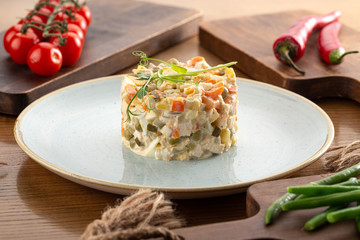 Delicious fresh salad. Traditional russian salad 