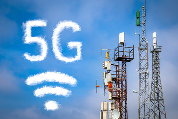 Lots of telecommunication towers for cellular network 5G antennas on the height extension towers...
