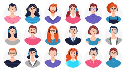 Set of man and woman avatars with headsets. Many beautiful faces are good for telemarketing, call centers, helpline or other businesses. Flat Vector illustration.