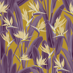 Tropical crane flower vector seamless pattern. Jungle exotic tropical plant fabric design. South African plant tropical blossom of crane flower, strelitzia. Floral textile print.