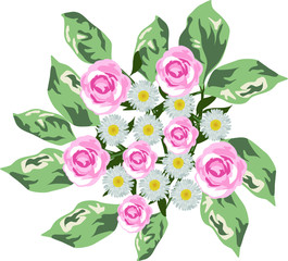 Roses and daisy flowers bouquet with green leafs isolated on white background. Vector illustration.