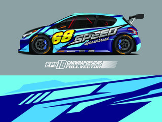 Fototapeta premium Vehicle graphic livery design vector. Graphic abstract stripe racing background designs for wrap cargo van, race car, pickup truck and adventure. Full vector Eps 10.