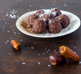 date raw balls with coconut and cocoa