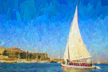 Boat trip of tourist groups on the traditional wooden sailing boat called felucca in sunny day afternoon on the Nile River near Luxor, Egypt. Abstract oil painting.