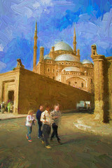 Obraz premium Tourists visiting The Great Mosque of Muhammad Ali Pasha on a clear day, Cairo, Egypt. Abstract oil painting.