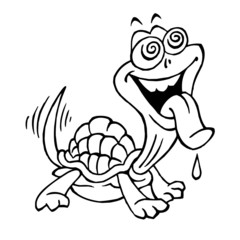 Cute turtle pet with tongue out waiting for dainty, black and white cartoon