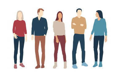 Silhouettes of men and women, different colors, cartoon character, group of standing business people, flat icon design concept isolated on white background