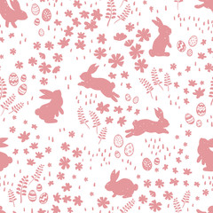 Cute ha nd drawn bunnies in a flower meadow, sweet easter pattern, with rabbits, flowers, easter eggs - great for textiles, easter cards, banners, wallpapers - vector design