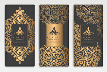 Black and gold luxury packaging design of chocolate bars. Vintage vector ornament template. elegant, classic elements. Can be used for background, wallpaper or any desired idea.