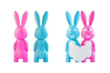 Cute bunnies set, happy lovers couple with heart on white background isolated front back view. Pink and blue rabbits. Creative minimal Valentine's day card, family love dating concept. Easter banner.