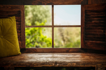 Wooden brown window sill and spring time. 