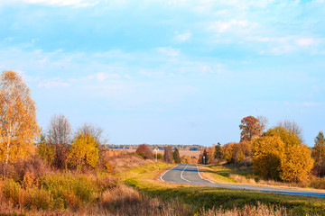 Autumn landscape with yellow foliage and blue sky