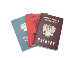 Passport, work book and military ID of the Russian Federation. Documents of Russia on a high quality white isolated background.