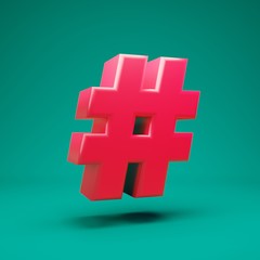 Pink 3d hashtag symbol on mint background. 3D rendering. Best for anniversary, birthday party, celebration.