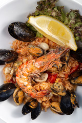 Spanish seafood paella with mussels, shrimps. Sea Food.