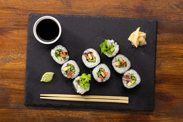 Fresh delicious Japanese sushi. Sushi rolls set