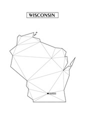 Polygonal abstract map state of Wisconsin with connected triangular shapes formed from lines. Capital of state - Madison. Good poster for wall in your home. Decoration for room walls.