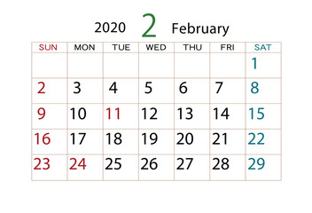 2020年　カレンダー　2月