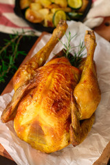 Homemade juicy roast chicken with rosemary