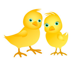 A pair of cute chickens. Chicken boy and chicken girl in cartoon style. Yellow birds on a white background. For Easter cards, children's books, children's clothing. Stock vector isolated illustration.