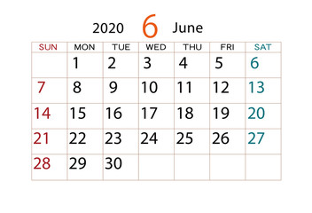 2020年　カレンダー　6月