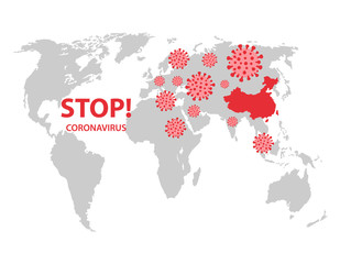 Concept of stopping of spread coronavirus. Viruses and red region of China on world map. MERS-CoV (Middle East respiratory syndrome coronavirus). 2019-nCoV. Vector illustration