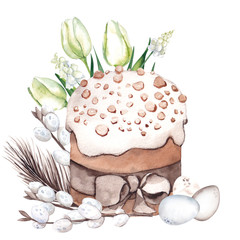 Easter arrangements with eggs, cake, spring flowers and leaves, branches of willow, and feathers, isolated on white background