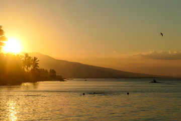 Obraz premium A sunset in Maumere, Flores, Indonesia. The sun sets behind the slope of the island. Serenity and calmness. There are few palm trees on the seashore. Few boats anchored to the bay.