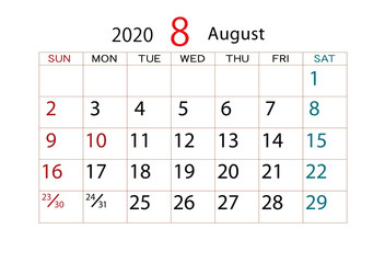2020年　カレンダー　8月