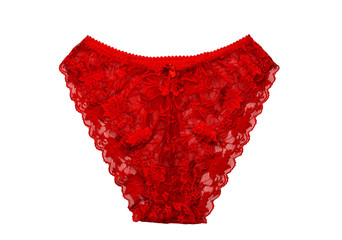Red women's panties on a white background close-up
