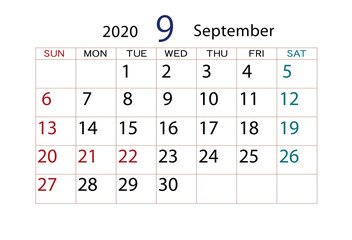 2020年　カレンダー　9月