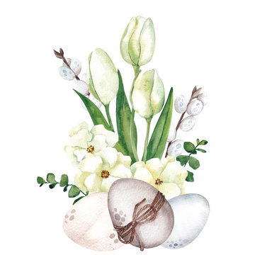 Watercolor Bouquet With Spring Flowers And Leaves, Easter Illustration Isolated On White Background