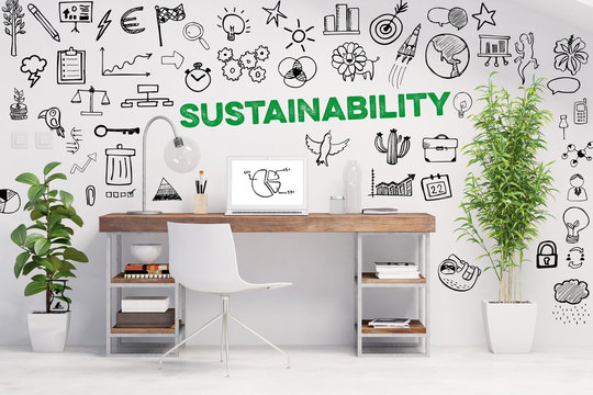 Nachhaltigkeit Konzept mit Slogan an Arbeitsplatz