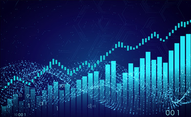 Dark Widescreen Abstract financial graph with uptrend line and bar chart of stock market.Matrix. Binary Computer Code.Falling dots.