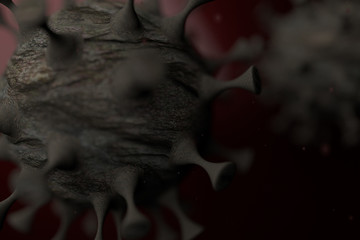 Coronavirus or Virus group of brown cells through a Microscopic view floating in fluid 3D illustration