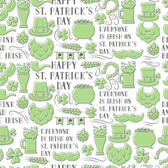 Seamless pattern with Saint Patrick Day elements and quotes. Spring holiday background with clover, hat, horseshoe, leprechaun beard.